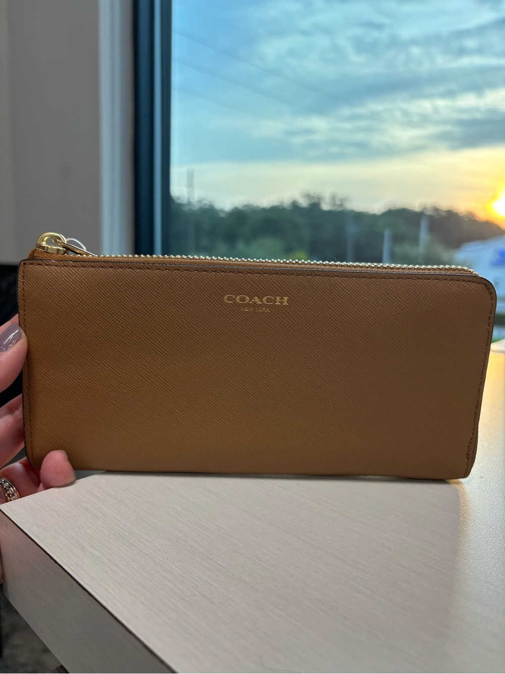 Coach Retail Tan Brindle Taupe-Brown Saffiano 3/4 Long Zip Wallet with Gold Logo